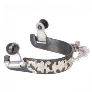 Black Steel Ladies Bumper Spurs with Engraved Floral Silver Overlay